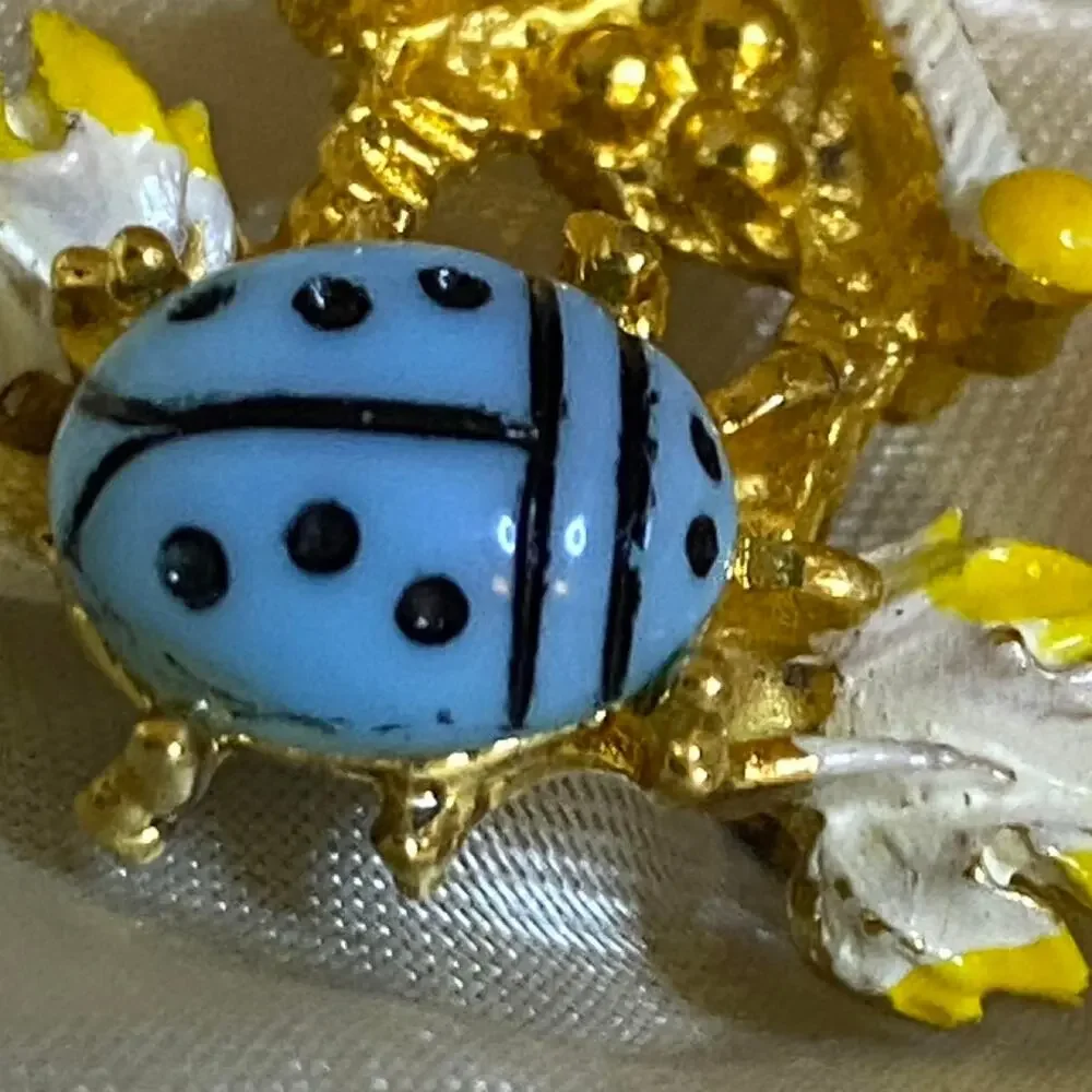 Vintage Blue Ladybug Fairy Garden Brooch Enamel Cottage Floral Gold Tone Pin